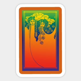 Art Nouveau Ladies (orange on blue/green) Sticker